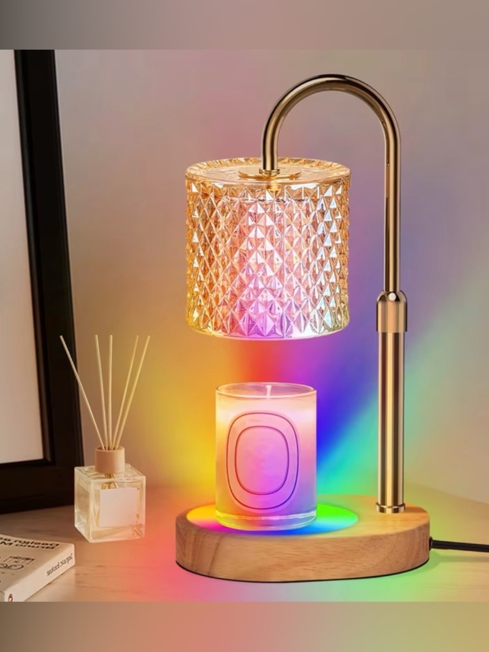 Glass Prism Table Lamp with Wood Base - Warm Gold and Rainbow Light Accent